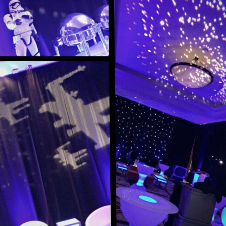 A collage of star wars gobos and star patterns with blue ambient lighting for a corporate party.